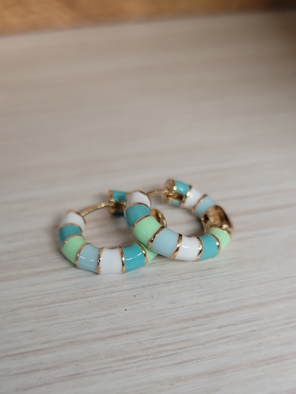 π₯LAST PAIRπ₯ Gold Huggie Hoop Earrings with Turquoise, Mint and White Enamel - Picture 4 of 6